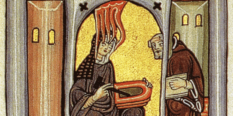 Ancienne représentation de saint Hildegarde de Bingen, enseignant le brassage avec du houblon à un autre moine. C’est elle qui a en effet instauré le houblon dans la bière ! - Divine Box