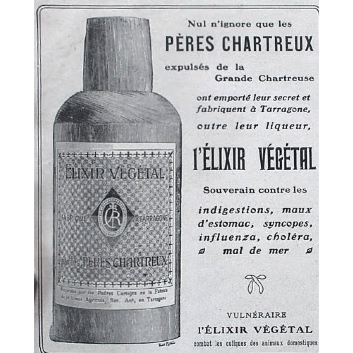 Cet encart de 1929 présente l'élixir végétal de la Grande Chartreuse, souverain contre « les indigestions, maux d'estomac, syncopes, influenza, choléra et mal de mer »